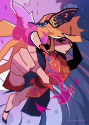  1girl absurdres black_dress black_shoes blonde_hair breasts chinese_clothes crescent crescent_print dalachi_(headdress) dress energy fingernails foreshortening from_above highres junko_(touhou) large_breasts legs long_fingernails long_hair perspective phoenix_print red_tabard shaded_face sharp_fingernails shoes side_slit solid_circle_eyes solo space standing star_(sky) strappy_heels tabard tommyyu4000 touhou twitter_username 