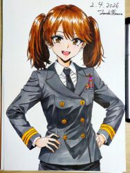  1girl alternate_costume art_tools_in_frame artist_name black_jacket black_necktie black_skirt brown_eyes brown_hair buttons collared_shirt commentary_request dated double-breasted hands_on_own_hips highres hisama_tomoki jacket japan_maritime_self-defense_force japan_self-defense_force kantai_collection long_hair long_sleeves looking_at_viewer marker_(medium) military military_dress_uniform military_rank_insignia military_uniform naval_dress_uniform naval_uniform necktie one-hour_drawing_challenge open_mouth ribbon_bar ryuujou_(kancolle) shirt skirt smile solo traditional_media twintails white_shirt 
