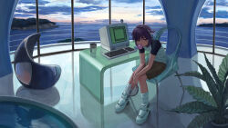  1girl absurdres an_yb blowing_bubble_gum blue_sky brown_shorts cd_player chair chewing_gum clouds cloudy_sky commentary computer computer_keyboard computer_mouse cup dusk full_body glass_table headphones highres horizon indoors looking_at_viewer ocean orange_sky original plant ponytail potted_plant purple_hair scenery shirt shoes short_hair short_ponytail short_sleeves shorts sitting sky socks sticker sticker_on_face table untranslatable_commentary violet_eyes water webcam white_shirt white_shoes white_socks window 
