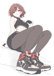  1girl black_gloves black_shorts black_sports_bra brown_hair gloves hair_ornament hairclip highres higuchi_madoka idolmaster idolmaster_shiny_colors pantyhose shoes short_hair shorts simple_background sitting sneakers solo sports_bra t1kosewad violet_eyes white_background 
