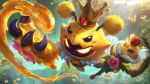  2boys absurdres alien bee bee&#039;maw bee_wings beemo bug cat claws crown flying glowing glowing_eyes grass highres holding holding_staff honey king_beegar kog&#039;maw league_of_legends multiple_boys official_alternate_costume official_art outdoors solo_focus staff teemo tree veigar wings yellow_eyes yordle yuubee yuumi_(league_of_legends) 