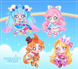  1boy 3girls :d ahoge ankle_boots antenna_hair arm_at_side arm_bow artist_name ascot asuinui asymmetrical_bangs bare_shoulders belt black_belt black_hat blonde_hair blonde_streaks blue_background blue_boots blue_cape blue_dress blue_eyes blue_hair blue_theme blush_stickers boots border bow braid braided_bangs bridal_gauntlets brooch butterfly_earrings butterfly_hat_ornament cape capelet chibi chibi_only clenched_hands closed_mouth cloud_background coattails colored_petticoat commentary copyright_name crop_top crossed_legs cupping_hand cure_butterfly cure_prism cure_sky cure_wing cut_bangs detached_sleeves diagonal_bangs dot_nose dotted_line dress dress_bow earclip earrings elbow_gloves english_commentary english_text fighting_stance fingerless_gloves fingernails fringe-trimmed_cape fringe_trim full_body gloves gradient_background gradient_hair green_eyes grin hair_between_eyes hair_bow hair_ornament half_up_braid halter_dress halterneck hands_up hat hat_ornament heart heart_ahoge heart_hair_ornament hijiri_ageha hirogaru_sky!_precure jacket jewelry knees_together_feet_apart leg_ribbon leg_up legs_apart long_hair looking_at_viewer low_ponytail magical_boy magical_girl microskirt midriff mini_hat mini_top_hat mixed-language_commentary mixed-language_text mob_cap multicolored_hair multiple_girls nail_polish navel nijigaoka_mashiro open_clothes open_jacket open_mouth orange_boots orange_capelet orange_eyes orange_gloves orange_hair orange_jacket orange_vest outline outstretched_hand overskirt pantyhose petticoat pink_boots pink_bow pink_bridal_gauntlets pink_hair pink_hat pink_skirt pink_wrist_cuffs ponytail precure puffy_detached_sleeves puffy_short_sleeves puffy_sleeves purple_pantyhose rainbow red_bow red_cape red_ribbon ribbon short_sleeves shorts side_braids sidelocks single_earring single_hair_streak single_sidelock skirt skirt_bow sleeveless sleeveless_dress smile sora_harewataru sphere_earrings spread_fingers streaked_hair swept_bangs tailcoat thigh-highs thigh_ribbon thigh_strap top_hat trap twintails two-sided_cape two-sided_fabric two-tone_dress two-tone_hair very_long_hair vest violet_eyes w watermark white_ascot white_boots white_bow white_dress white_gloves white_outline white_thighhighs wing_brooch wing_hair_ornament wrist_cuffs yuunagi_tsubasa zettai_ryouiki 