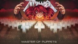  1girl album_cover album_cover_redraw album_name buttons chanpotei cover derivative_work dog_tags drill_hair english_commentary grass grey_jacket hair_ribbon helmet highres jacket kasane_teto kasane_teto_(sv) logo_parody master_of_puppets metallica outdoors parody red_eyes red_hair red_sky ribbon shaded_face sharp_teeth sky string synthesizer_v teeth tombstone twin_drills white_ribbon youtube_video_thumbnail 