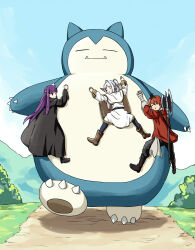  1boy 2girls axe black_boots black_pants black_pantyhose black_robe black_roots blue_sky blunt_bangs boots brown_boots capelet closed_eyes closed_mouth coat day double-sided_axe dress earrings elf fangs fern_(sousou_no_frieren) floating_earrings frieren grey_hair holding jewelry long_hair long_sleeves multicolored_hair multiple_girls outdoors pants pantyhose parted_bangs pointy_ears pokemon pokemon_(creature) purple_hair red_coat red_hair riding riding_pokemon robe short_hair sky smile snorlax sousou_no_frieren stark_(sousou_no_frieren) torako_(toramaru) twintails violet_eyes walking white_capelet white_dress white_hair 