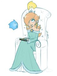  1girl ;d artist_name bare_shoulders blonde_hair blue_dress blue_eyes blue_luma book brooch chair commentary crown dress earrings english_commentary full_body highres holding holding_book jewelry jui_cyapple long_hair long_sleeves looking_at_another looking_up luma_(mario) off-shoulder_dress off_shoulder one_eye_closed open_mouth rosalina sitting sketch smile star_(symbol) star_brooch star_earrings super_mario_bros. the_super_mario_galaxy_movie 