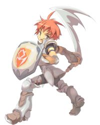  1boy arm_guards armor black_pants black_shirt brown_eyes emil_chronicle_online greaves grey_armor hanehane_kiro holding holding_shield holding_sword holding_weapon official_art open_mouth pants red_hair shield shirt solo spiky_hair sword weapon white_background 
