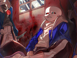 2boys alternate_universe ankle_socks arm_between_legs black_pants black_sclera black_sweater blue_eyes blue_jacket chromatic_aberration clenched_teeth colored_sclera commentary_request cowboy_shot dappled_sunlight drawstring dual_persona dusttale eyes_out_of_frame feet_out_of_frame from_below fur-trimmed_jacket fur_trim grey_hood grid_teeth head_out_of_frame hood hood_down hooded_jacket indoors jacket jitome killer_sans light_particles long_sleeves male_focus multicolored_eyes multiple_boys open_clothes open_jacket pants pink_slippers puffy_long_sleeves puffy_sleeves r_5140 red_background red_eyes sans_(dusttale) sans_(undertale) sans_(undertale_au) sidelighting single_vertical_stripe sitting skeleton slippers socks solo_focus standing sunlight sweater teeth turtleneck turtleneck_sweater twitter_username two-tone_eyes undertale undertale:_something_new undertale_au utdr_(toby_fox) watermark white_pants white_socks white_sweater window