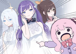  1other 25-ji_nightcord_de._(project_sekai) 3girls :o akiyama_mizuki alternate_hair_length_(longer) aoi_eno arm_at_side asahina_mafuyu bare_arms bare_shoulders black_butterfly bloom_festival_(project_sekai) blue_eyes bow bowtie breasts brown_eyes brown_hair brown_ribbon bug butterfly butterfly_hair_ornament cardigan closed_mouth collarbone collared_shirt colored_eyelashes commentary dot_nose dress emphasis_lines eyes_visible_through_hair flower flower_dress glasses grey_background hair_between_eyes hair_ornament hair_ribbon hand_up high_ponytail high_side_ponytail highres holding holding_stylus kamiyama_high_school_uniform_(project_sekai) light_blush long_hair looking_at_viewer looking_to_the_side loosely_tucked_bangs low_twintails medium_hair multicolored_eyes multicolored_hair multiple_girls official_alternate_costume official_alternate_hairstyle open_mouth orange_ribbon pink_hair pointing ponytail project_sekai purple_cardigan purple_hair red_bow ribbon school_uniform shinonome_ena shirt side_ponytail sidelocks sleeveless sleeveless_dress smile sparkle sparkle_hair_ornament streaked_hair striped_bow striped_bowtie striped_clothes stylus swept_bangs twintails two-tone_eyes two-tone_ribbon upper_body very_long_hair violet_eyes white_butterfly white_dress white_flower white_hair white_ribbon white_shirt white_streaks yoisaki_kanade zipper_dress 