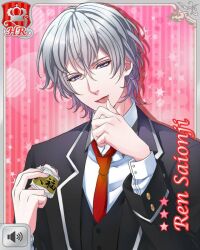  1boy black_jacket boyfriend_(kari) card_(medium) character_name grey_eyes grey_hair hair_between_eyes holding jacket licking licking_finger looking_at_viewer male_focus necktie official_art red_background red_necktie saionji_ren_(boyfriend_(kari)) school_uniform shirt solo tongue urumiya_ruka white_shirt 
