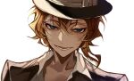  1boy absurdres black_headwear black_jacket black_suit blue_eyes bungou_stray_dogs hair_between_eyes highres jacket looking_at_viewer lower_teeth_only mafia male_focus medium_hair nakahara_chuuya open_mouth orange_hair portrait shirt simple_background sketch smile solo suit teeth white_background white_shirt ya_ta 