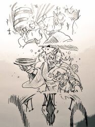  4girls analog_clock bucket bucket_on_head chain clock commentary_request cuffs cup fang hitting holding holding_cup hoshiguma_yuugi hoshiguma_yuugi_(kimono) japanese_clothes joya_no_kane kimono kisume kurodani_yamame long_hair long_sleeves menotama mizuhashi_parsee multi-source_commentary multiple_girls new_year's_eve obi object_on_head open_mouth pointy_ears roman_numeral sakazuki sash scarf shackles shirt skin_fang smile touhou traditional_media very_long_hair wide_sleeves wooden_bucket 