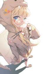  1girl absurdres animal_hood art_brush artist_self-insert blonde_hair blue_eyes blurry brown_slippers canvas_(object) depth_of_field dino_(dinoartforame) dinosaur_girl dinosaur_tail foreshortening glasses grey_hoodie hand_up highres holding holding_paintbrush hood hood_up hoodie long_hair long_sleeves looking_at_viewer original paint_on_clothes paintbrush pink-framed_eyewear round_eyewear simple_background slippers solo tail white_background 