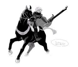  1boy absurdres arm_guards cape chaps commentary_request dark_elf dungeon_ni_deai_wo_motomeru_no_wa_machigatteiru_darou_ka elf full_body greyscale hair_over_one_eye hatching_(texture) hegni_ragnar high_collar highres holding holding_sword holding_weapon horseback_riding looking_ahead male_focus monochrome odasi_k pointy_ears riding short_hair solo sword weapon 