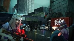  2girls absurdres animal_ears ar-15 armored_personnel_carrier armored_vehicle artist_name ashenmash assault_rifle bow bowtie braid car ear_bow ear_ornament ear_ribbon english_text firing gameplay_mechanics grand_theft_auto grand_theft_auto_v grey_hair gun hairband half_up_braid highres holding holding_gun holding_weapon horse_ears horse_girl horse_tail horseshoe_ornament kitkat m4_carbine motor_vehicle multicolored_hair multicolored_hairband multiple_girls oguri_cap_(umamusume) outdoors parody police_car pov puffy_short_sleeves puffy_sleeves purple_bow purple_bowtie purple_shirt rain rifle road s.w.a.t. sailor_collar sailor_shirt school_uniform shipping_container shirt short_sleeves special_week_(umamusume) tail tracen_school_uniform truck two-tone_hair two-tone_hairband umamusume weapon 