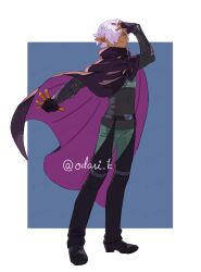  1boy absurdres arm_guards arm_on_own_head belt black_belt cape chaps chuunibyou commentary_request dark_elf dungeon_ni_deai_wo_motomeru_no_wa_machigatteiru_darou_ka elf fingerless_gloves full_body gloves green_pants hair_over_one_eye hegni_ragnar high_collar highres male_focus odasi_k outside_border outstretched_arm pants pointy_ears solo 