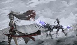  2girls alpha:_crimson_weave_(pgr) alpha_(pgr) asymmetrical_pants backless_jacket battle black_sports_bra breasts centaur closed_mouth clouds cloudy_sky commentary cyborg english_commentary floating_hair forehead_protector full_body grey_hair grey_jacket hair_between_eyes hair_ornament headgear high-heeled_mechanical_legs highres holding holding_polearm holding_weapon jacket joints large_breasts long_hair looking_at_another mecha_musume mechabare mechanical_arms mechanical_hands mechanical_legs mechanical_tail medium_breasts midriff multicolored_hair multiple_girls multiple_legs outdoors polearm ponytail punishing:_gray_raven red_hair robot_joints rosetta:_arete_(pgr) rosetta_(pgr) saif_artz sidelocks single_mechanical_arm sky snowing sports_bra standing sword tail taur very_long_hair violet_eyes walking weapon wide_ponytail 