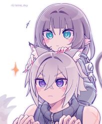  +++ 1boy 1girl animal_ear_piercing animal_ears bare_shoulders black_hair blue_eyes blush cat_boy cat_ears cat_tail closed_mouth commentary_request crossed_bangs fingernails grey_hair grey_jacket hair_between_eyes hands_on_another's_head highres jacket jane_doe_(zenless_zone_zero) mnm_940 mouse_ears mouse_girl mouse_tail notched_ear scar scar_on_shoulder seth_lowell short_hair smile sparkle tail twitter_username v-shaped_eyebrows violet_eyes white_background zenless_zone_zero 