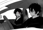  1boy 1girl andrew_graves ashley_graves black_hair car car_interior collar green_eyes highres looking_at_another motor_vehicle pink_eyes renico sulking the_coffin_of_andy_and_leyley 