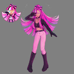 1girl belt boots bow-shaped_hair cookie_run cookie_run:_ovenbreak cropped_jacket female fluffysoraa glitter glitter_in_hair heart lips long_hair multicolored_hair one_eye_closed pants peace_symbol pink_hair pose shining_glitter_cookie smile white_pants