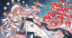  1girl absurdres adoptive_siblings ambience_synesthesia apple arknights commentary_request detached_wings dress energy_wings exusiai_(apple)_(arknights) exusiai_(arknights) food fruit glowstick gold_collar hair_over_one_eye halo highres holding holding_glowstick holding_instrument holding_trumpet instrument lemuen_(arknights) lemuen_(requiem_vesperis)_(arknights) long_hair music official_alternate_costume open_mouth penlight_(glowstick) pink_eyes pink_hair playing_instrument red_hair smile tianqiyubao_euc traditional_halo trumpet two-tone_cape veil white_dress white_halo white_veil wings yellow_eyes 