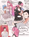  &gt;_&lt; 1boy 1girl =3 anger_vein archived_source bad_id bad_twitter_id black_eyes black_hair blunt_bangs braid chair commentary cup dracule_mihawk drill_hair facial_hair flower holding holding_cup joman korean_commentary mustache one_piece perona pink_hair rose star_(symbol) striped striped_thighhighs thigh-highs vertical-striped_thighhighs vertical_stripes white_background white_flower white_rose yellow_eyes 