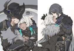  2girls animal_ears black_dress black_gloves black_hair black_hat cat_ears column_lineup commentary_request dress eye_contact face-to-face facial_mark feather_hair_ornament feathers final_fantasy final_fantasy_xiv fringe_trim fur-trimmed_dress fur_trim glaring gloves grey_background hair_ornament hand_on_another's_cheek hand_on_another's_face hat hat_feather hat_over_one_eye highres hug hug_from_behind looking_at_another looking_at_viewer mbomb miqo'te multiple_girls multiple_views one_eye_covered parted_lips short_hair spoken_expression tricorne two-tone_background upper_body white_hair y'shtola_rhul yuri zero_(ff14) 