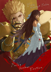  1boy 1girl armor artist_name bare_shoulders blonde_hair blunt_bangs bow breastplate breasts brown_dress brown_eyes brown_hair cape clenched_hand closed_mouth command_spell commentary_request copyright_name cowboy_shot dark-skinned_female dark_skin dress earrings elbow_gloves english_text evil_smile fate/strange_fake fate_(series) floating_cape floating_hair from_side full_armor gauntlets gilgamesh_(fate) gloves gold_armor gold_earrings hair_bow hand_on_own_face hand_on_own_hip hand_up highres hime_cut jewelry long_hair looking_at_viewer medium_breasts neko_no_kedama on_throne pauldrons red_background red_cape red_eyes short_hair shoulder_armor sidelocks simple_background sitting smile spiky_hair standing strapless strapless_dress throne tine_chelc two-tone_dress upper_body v-shaped_eyebrows watermark white_bow white_dress white_gloves 