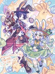  1boy 1girl alternate_costume animal_ears animal_print armband baron_bunny_(genshin_impact) belt bird_print black_coat black_gloves black_hair black_hat black_shoes black_shorts black_socks blunt_ends blush boater_hat bow bowtie brown_hat choppy_bangs coat coattails collared_shirt commentary_request cross-laced_shoes cross-shaped_pupils curtsey dress dress_shirt easter easter_egg egg eyelashes eyeliner fake_animal_ears feather_hair_ornament feathers formal_clothes frilled_dress frilled_socks frills genshin_impact glove_cuffs gloves green_dress green_eyes green_hair green_pupils green_trim gurumin_(gurruguru) hair_between_eyes hair_bow hair_ornament hat height_difference holding holding_stuffed_toy juliet_sleeves legwear_garter light_blush long_dress long_hair long_sleeves looking_at_another looking_at_viewer makeup mary_janes multicolored_hair nahida_(genshin_impact) necktie open_mouth parted_lips pointy_ears puffy_sleeves rabbit_ears red_armband red_belt red_coat red_eyeliner red_necktie red_trim ribbon-trimmed_sleeves ribbon_trim scaramouche_(genshin_impact) shirt shoes short_sleeves shorts side_ponytail sidelocks skirt_basket sleeveless sleeveless_coat socks streaked_hair stuffed_animal stuffed_toy symbol-shaped_pupils tailcoat tareme teeth tsurime twitter_username two-sided_coat two-sided_fabric undershirt upper_teeth_only violet_eyes wanderer_(genshin_impact) watermark white_hair white_mouth white_shirt white_sleeves white_socks wing_collar wristband yellow_bow yellow_bowtie yellow_feathers yuegui_(genshin_impact) 
