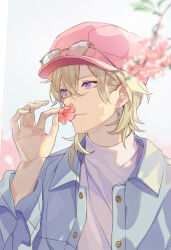  1boy alternate_costume arm_up aventurine_(honkai:_star_rail) blue_shirt cherry_blossoms closed_mouth collared_shirt commentary crossed_bangs eyewear_on_headwear flower glasses hair_between_eyes hat highres holding holding_flower honkai:_star_rail honkai_(series) long_sleeves male_focus medium_hair multicolored_eyes open_clothes open_shirt outdoors pink_flower pink_hat shirt solo takoyaki_(ct_esb) turtleneck white_background white_shirt wing_collar 