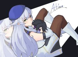  1girl altina_orion bare_shoulders beret black_background black_hair blue_hat boots brown_thighhighs character_name closed_mouth cut-in detached_sleeves double-parted_bangs dress eiyuu_densetsu english_commentary foot_out_of_frame green_eyes hair_between_eyes hat high_heel_boots high_heels highres hugging_object kai_no_kiseki kuro_no_kiseki_(series) light_frown long_hair looking_at_viewer not_sauce rean_schwarzer short_hair simple_background sitting solo stuffed_toy thigh-highs two-tone_background two_side_up very_long_hair violet_eyes white_background white_boots white_dress white_hair 