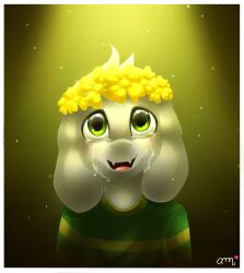  1boy 2017 2d aideemargarita animal_ears anthro asriel_dreemurr bilingual_commentary black_background body_fur border commentary crying crying_with_eyes_open deviantart_sample digital_media droopy_ears english_commentary fangs floppy_ears flower flower_wreath furry furry_male goat goat_boy goat_ears green_eyes green_sweater grey_background head_wreath horizontal-striped_clothes image_sample male male_focus male_only mammal mixed-language_commentary monster monster_boy open_mouth portrait signature simple_background skin_fangs solo spanish_commentary striped_clothes striped_sleeves striped_sweater sweater tears two-tone_background two-tone_sweater undertale utdr_(toby_fox) white_border white_fur wreath yellow_flower yellow_stripes 
