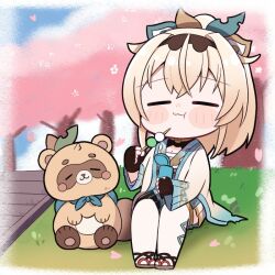  1girl :3 :t blonde_hair blush_stickers brown_hairband brown_sandals cherry_blossoms chibi chibi_only closed_eyes closed_mouth commentary crossed_bangs dango day eating food full_body grass green_ribbon hair_ribbon hairband holding holding_food hololive japanese_clothes kazama_iroha kimono long_hair long_sleeves nabe_(nabe_otome) on_ground outdoors outline pokobee ribbon sandals sanshoku_dango sitting thigh-highs untranslatable_commentary virtual_youtuber wagashi white_kimono white_outline white_thighhighs wide_sleeves 