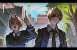  1boy 1girl black_necktie blonde_hair chainsaw_man city demon demon_girl demon_horns denji_(chainsaw_man) eyepatch highres horns necktie orange_eyes power_(chainsaw_man) red_eyes sharp_teeth shitakara4 short_hair suit teeth upper_body 
