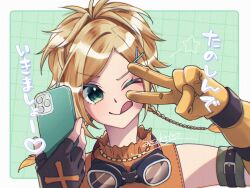  1girl akzk_kh armband asymmetrical_gloves bare_shoulders black_gloves blonde_hair border braid cellphone colored_eyelashes dissidia_duellum_final_fantasy dissidia_final_fantasy final_fantasy final_fantasy_x fingerless_gloves gloves goggles goggles_around_neck green_background green_eyes green_hair grid_background hair_ornament highres holding holding_phone medium_hair one_eye_closed orange_shirt parted_bangs phone ponytail rikku_(ff10) shirt single_fingerless_glove sleeveless sleeveless_shirt smartphone smile solo swept_bangs tongue tongue_out twin_braids upper_body v white_border x_hair_ornament yellow_gloves 