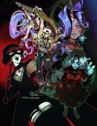 animal_collar animal_ears artist_name barefoot belt black_hair blue_hair blue_skin blush bob_cut braid buck_teeth celeste_(deadlock) cleavage_cutout clothing_cutout collar colored_skin corset cuffs deadlock_(game) didi_(galacticdidi) dress earrings english_commentary english_text fang fangs forehead_tattoo ghost glitter gloves glowing glowing_eyes gymnastics hair_ornament handcuffs high_ponytail highres jewelry leggings long_braid long_hair mina_(deadlock) multicolored_hair multiple_girls multiple_scars open_mouth pale_skin ponytail red_dress red_eyes red_gloves red_ribbon ribbon scar scar_on_arm scar_on_face silver_(deadlock) single_braid sleeveless slit_pupils smile star_(symbol) star_earrings star_hair_ornament tail tattoo teeth twitter_username unicorn_girl unicorn_horn vampire very_long_hair vindicta_(deadlock) werewolf white_hair wolf_ears wolf_girl wolf_tail 