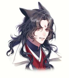  absurdres animal_ears black_hair black_hanfu cat_boy cat_ears chinese_clothes clenched_teeth coat commentary_request cropped_shoulders curtained_hair furrowed_brow grimace hanfu highres korean_commentary long_hair looking_at_viewer luo_binghe male_focus melan_melan parted_bangs parted_hair parted_lips red_eyes red_trim renzha_fanpai_zijiu_xitong simple_background teeth thick_eyebrows wavy_hair white_background white_coat wolf_cut zuiyin 