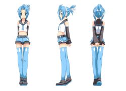  1girl 2000s_(style) amane_kana arms_behind_back bangs_pinned_back belt black_belt black_sailor_collar black_shoes black_sleeves blue_eyes blue_hair blue_ribbon blue_shorts blue_thighhighs collarbone commentary_request detached_sleeves expressionless forehead from_behind from_side full_body hair_ornament hairclip headset high_ponytail highres jam_band midriff multiple_views navel official_art parted_lips ponytail ribbon sailor_collar second-party_source shirt shoes short_hair short_ponytail short_shorts shorts shoulder_tattoo sleeveless sleeveless_shirt standing star_(symbol) star_tattoo straight-on tattoo thigh-highs transparent_background umetani_atarou white_shirt 