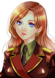  1girl blue_eyes breasts brown_hair char's_counterattack commentary_request grin gundam highres ikebukuro_maria long_hair looking_at_viewer military_uniform nanai_miguel necktie neo_zeon red_lips science_fiction smile white_background 