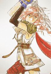  1girl black_gloves blue_eyes blue_gloves breasts cape charla closed_mouth cowboy_shot elbow_gloves final_fantasy final_fantasy_xiii gloves gunblade hair_between_eyes highres holding holding_weapon holster lightning_farron long_hair looking_at_viewer medium_breasts pink_hair red_cape single_elbow_glove single_shoulder_pad sketch solo thigh_holster veil wavy_hair weapon white_background white_veil 