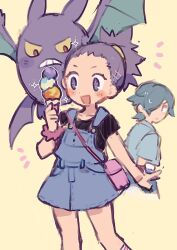  1boy 1girl alternate_costume bat_wings blue_hair blush colored_sclera crobat falkner_(pokemon) food holding holding_food holding_ice_cream ice_cream janine_(pokemon) looking_at_another looking_back mbkmmm pokemon pokemon_(creature) pokemon_heartgold_and_soulsilver purple_hair violet_eyes wings yellow_background yellow_sclera 