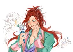  2boys aqua_eyes blush commentary food green_jacket hair_ornament half_updo hand_up highres holding holding_food holding_ice_cream ice_cream jacket jinaim long_hair looking_at_object male_focus melting_ice_cream minajael_tealrajah multiple_boys open_clothes open_jacket open_mouth red_hair rielle_corallia simple_background smile teeth twisted_wonderland untranslatable_commentary upper_body upper_teeth_only white_background 
