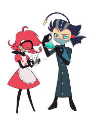  1boy 1girl :d absurdres ahoge anglerfish_boy apron bandana bandana_around_neck baxter_(hazbin_hotel) belt black_bandana black_belt black_boots black_gloves black_hair blue_sclera boots bug buttons circle_facial_mark clipboard closed_mouth cocked_eyebrow cockroach colored_sclera colored_skin colored_teeth commentary_request cyclops dress elbow_gloves erlenmeyer_flask facial_mark fewer_digits fins flask flat_color flipped_hair freckles frilled_apron frills frown full_body gloves goggles grey_skin grey_streaks grin hands_up hazbin_hotel head_fins hellaverse high_heel_boots high_heels highres holding holding_clipboard holding_flask looking_at_object looking_down maid_apron medium_dress menma_(enaic31) multicolored_hair niffty_(hazbin_hotel) no_eyebrows no_nose one-eyed puffy_short_sleeves puffy_sleeves raised_eyebrow red-framed_eyewear red_dress red_eyes red_hair red_sclera round-bottom_flask round_eyewear sharp_teeth short_hair short_sleeves signature simple_background smile standing streaked_hair swept_bangs teeth tinted_eyewear turtleneck two-tone_hair very_short_hair white_apron white_background white_skin yellow-tinted_eyewear yellow_eyes yellow_teeth 