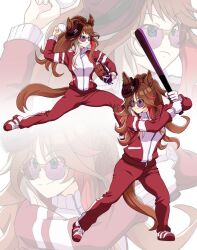  1girl animal_ears ball baseball_(object) baseball_bat baseball_mitt brown_hair commentary_request commission ears_through_headwear fedora forever_young_(umamusume) full_body glasses green_eyes hat holding holding_baseball_bat horse_ears horse_girl horse_tail jacket long_hair multicolored_hair multiple_views pants pitching ponzu_rui purple-tinted_eyewear red-tinted_eyewear red_jacket red_pants red_streaks red_track_suit school_uniform shoes skeb_commission smile sneakers solo standing streaked_hair sunglasses tail tinted_eyewear tracen_training_uniform track_jacket track_pants track_suit umamusume white_streaks zoom_layer 