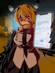  1girl absurdres amy_(pixiv_122510036) black_horns black_skirt blonde_hair collar commentary_request don_quixote_(project_moon) he_has_a_bad_attitude_towards_you.i'm_going_to_kill_him_(meme) highres horns index_(identity)_(project_moon) limbus_company looking_at_viewer meme night outdoors photo_background procuration_(e.g.o) project_moon shirt short_hair skirt solo white_shirt yellow_eyes 