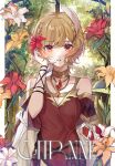  1girl blonde_hair choker citrinne_(fire_emblem) dress feather_hair_ornament feathers fire_emblem fire_emblem_engage flower gem gold_choker gold_trim hair_flower hair_ornament highres jewelry looking_at_viewer manymanylilies necklace red_eyes shawl short_hair solo 
