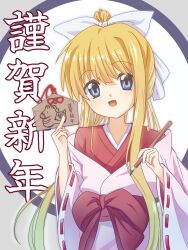  1girl :d air_(visual_novel) alternate_costume blonde_hair blue_eyes blush bow calligraphy_brush chinese_zodiac commentary_request dual_wielding ema hair_between_eyes hair_bow hands_up happy happy_new_year highres holding holding_calligraphy_brush holding_ema holding_paintbrush horse_print huge_bow japanese_clothes kamio_misuzu kimono layered_kimono long_hair long_sleeves looking_at_viewer miko new_year open_clothes open_kimono open_mouth paintbrush ponytail red_bow red_kimono red_sash ribbon-trimmed_sleeves ribbon_trim sash sidelocks simple_background smile solo tareme upper_body very_long_hair wataame_(jvdy4345) white_background white_bow white_kimono wide_sleeves year_of_the_horse 