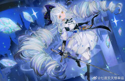  1girl ahoge arch arms_at_sides bicorne black_boots black_gloves black_hat black_ribbon blue_bow blue_eyes boots bow castle chinese_commentary commentary_request crystal dress drill_hair elbow_gloves expressionless floating_clothes floating_gem frilled_dress frills full_body fur-trimmed_boots fur-trimmed_shirt fur_trim gloves hat hat_feather heterochromia higan:_eruthyll high_heel_boots high_heels holding holding_sword holding_weapon long_hair looking_up making-of_available neck_ribbon night outdoors pantyhose peter_pan_collar qi_du_tiantian_xiang_xingyun ribbon sheru_(higan:_eruthyll) shirt short_dress single_vambrace solo sparkle stairs standing standing_on_one_leg striped_ribbon swept_bangs sword three-quarter_sleeves twin_drills vambraces very_long_hair waist_bow watermark weapon weibo_watermark white_dress white_hair white_pantyhose yellow_eyes 