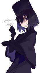  1girl aprie_01 bird black_capelet black_dress black_eyes black_hair capelet dress fur-trimmed_capelet fur_hat fur_trim hat highres kuonji_alice mahou_tsukai_no_yoru solo 