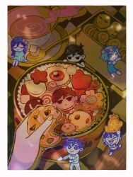  2girls 4boys absurdres antenna_hair arm_support arms_up aubrey_(headspace)_(omori) aubrey_(omori) barefoot basil_(headspace)_(omori) basil_(omori) black_eyes black_hair black_tank_top blue_overalls blush border bow bright_pupils brother_and_sister brothers character_cookie checkered_clothes chocolate_chip_cookie closed_eyes closed_mouth colored_skin cookie cookie_tin_(object) cup double-parted_bangs flower_wreath food green_eyes green_hair green_shirt hair_between_eyes hair_bow head_wreath hero_(headspace)_(omori) hero_(omori) highres holding holding_cookie holding_food kel_(headspace)_(omori) kel_(omori) mari_(headspace)_(omori) mari_(omori) milkymilkyshark mini_person miniboy minigirl multiple_boys multiple_girls omori omori_(omori) one_eye_closed open_mouth overall_shorts overalls pajamas pants pink_bow pluto_(omori) purple_hair purple_shorts shirt short_hair short_sleeves shorts siblings sidelocks sitting smile striped_clothes striped_pajamas striped_pants sugar_cube t-shirt tank_top tea teacup teaspoon teeth tongue upper_teeth_only vertical-striped_clothes vertical-striped_pajamas vertical-striped_pants violet_eyes white_border white_pajamas white_pants white_pupils white_skin 