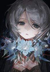  1girl blue_flower bruise bruise_on_neck censored censored_violence commentary english_commentary faust_(project_moon) flower hands_on_own_neck highres injury limbus_company looking_down looking_to_the_side mushinooo11 parted_lips project_moon short_hair sidelocks solo white_hair 